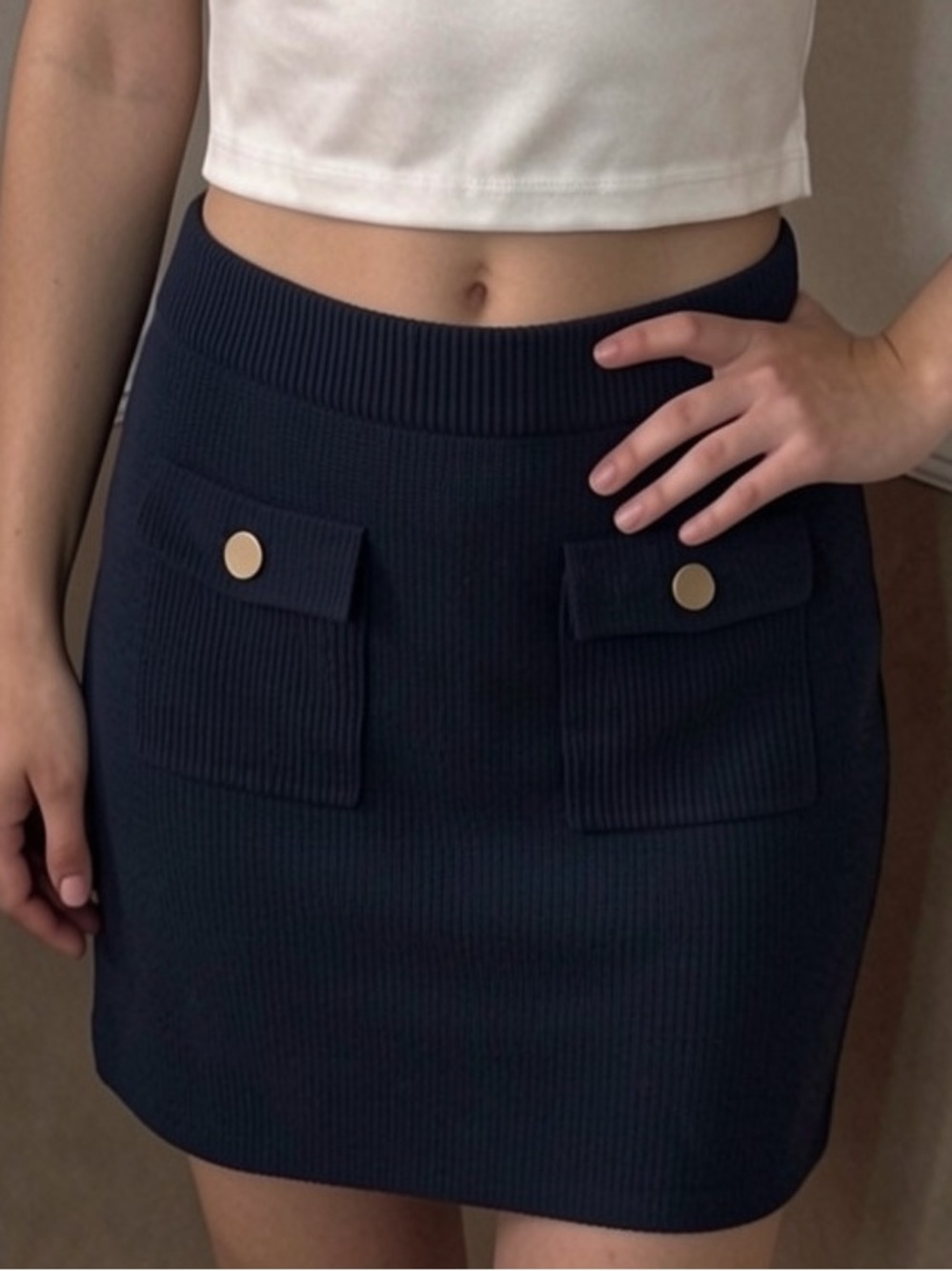 NWT Designer Seed Heritage Navy Ribbed Mini Skirt with Gold Buttons